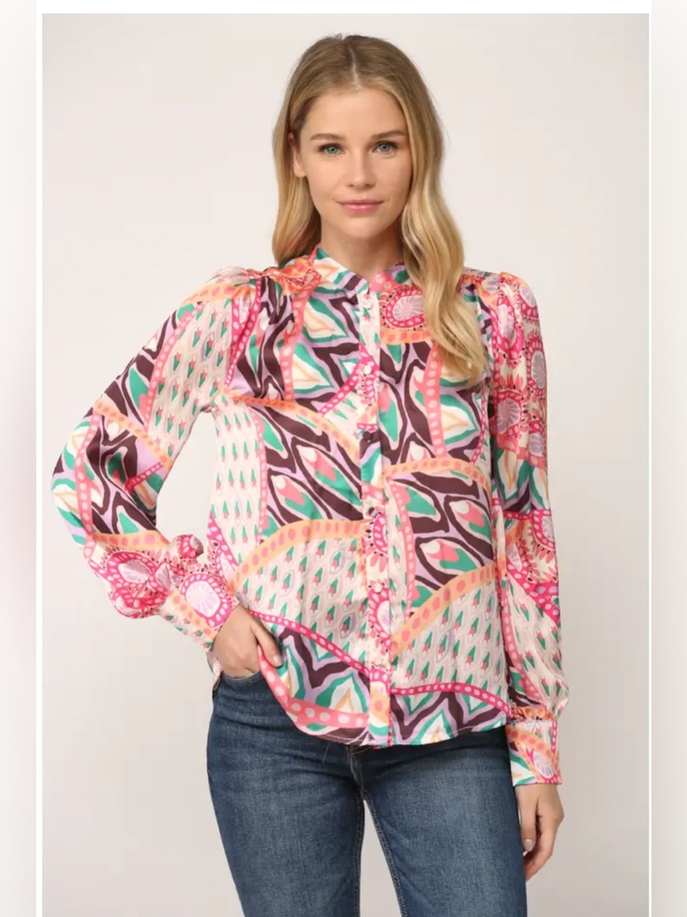 FATE Mixed Print Lace Top in Peach Multi — Size M